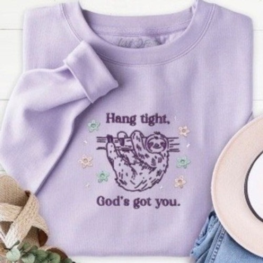 Lavender Sloth Sweatshirt Hang Tight God's Got You Purple Crewneck